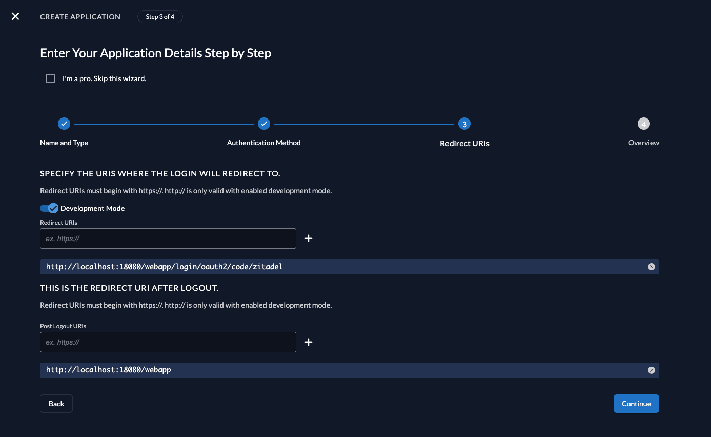 Create app in management console - set redirectURI